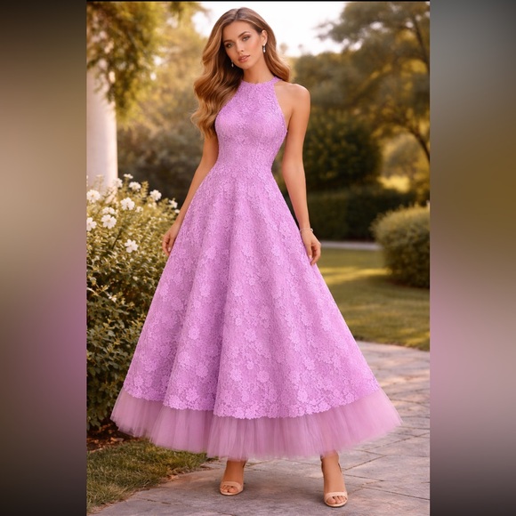 Blush prom halter, sleeveless Lilac Lace
3-D floral for prom or special occasion - Picture 3 of 15